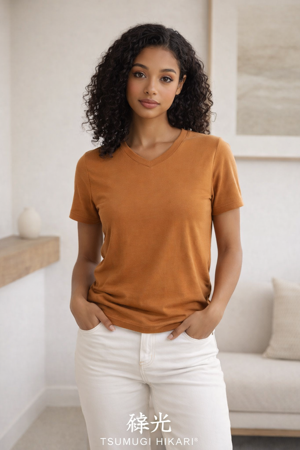 TSUMUGI HIKARI - Women’s 100% Hemp Brown V-Neck Tee — Pure Light Essential