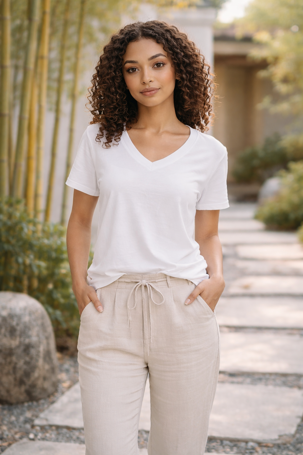 TSUMUGI HIKARI - Women’s 100% Hemp White  V-Neck Tee — Pure Light Essential