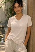 TSUMUGI HIKARI - Women’s 100% Hemp Tan  V-Neck Tee — Pure Light Essential